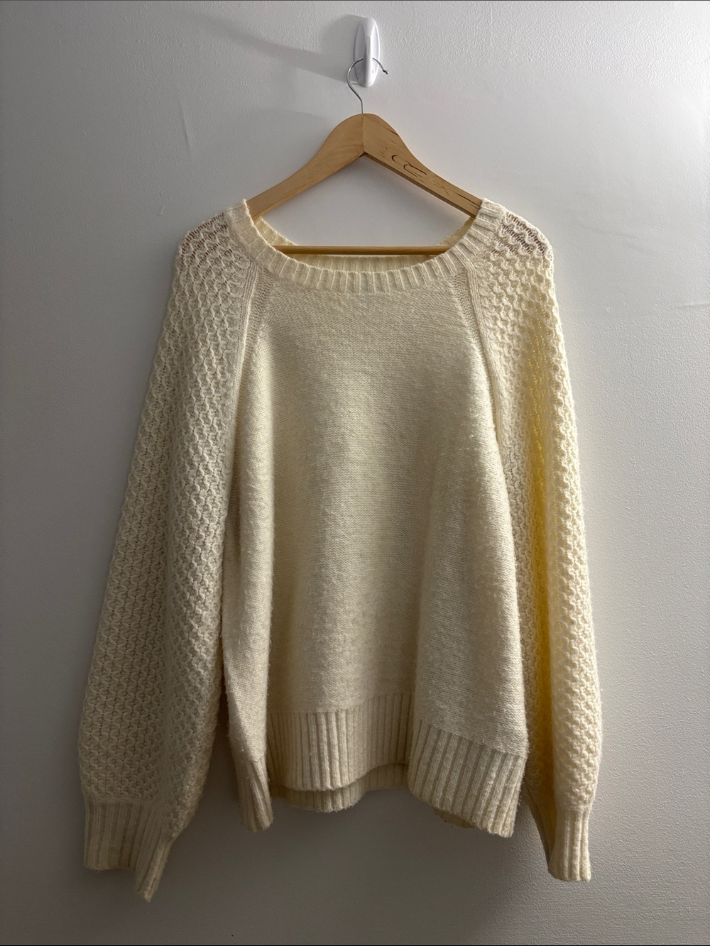J. Crew Cream Textured-Sleeve Crewneck Sweater